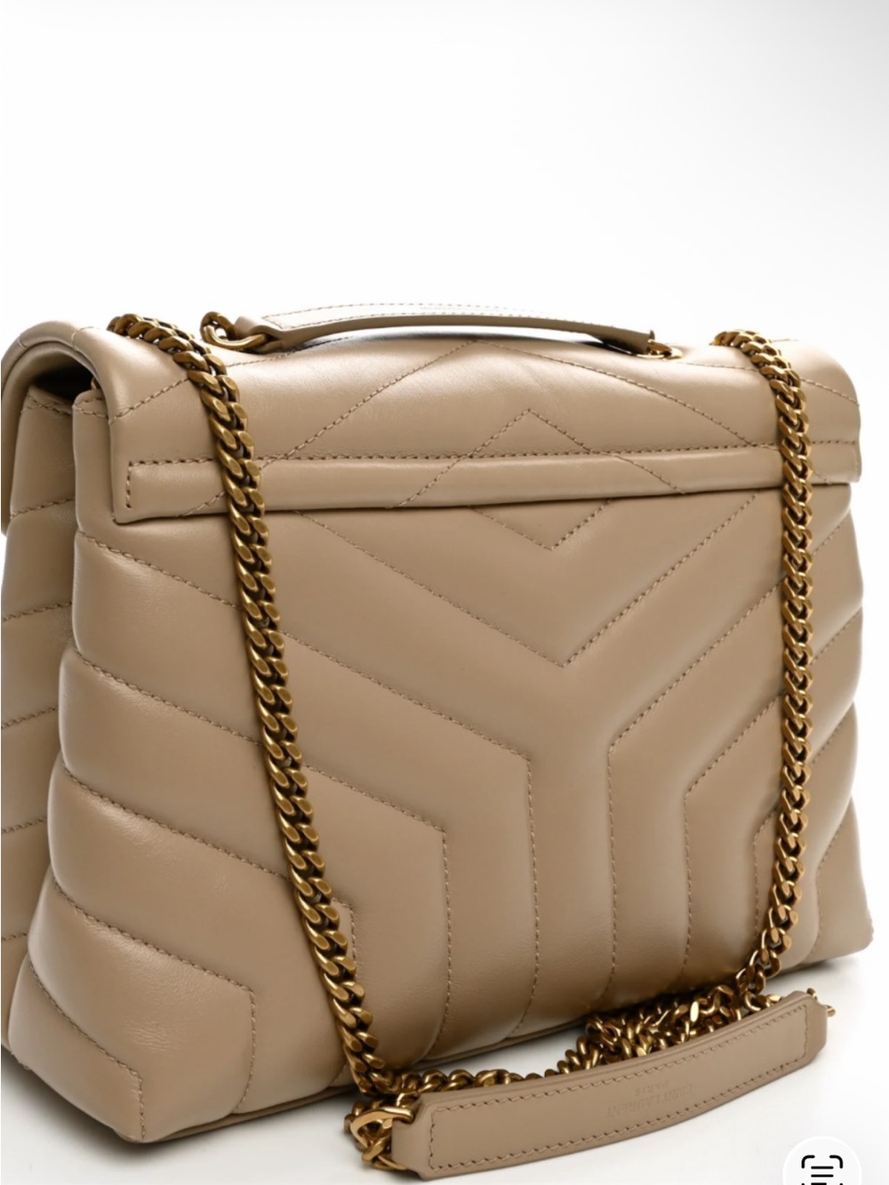 Inspired Saint Laurent Taupe Quilted Leather Shoulder Bag with Gold Logo - Picture 2 of 9